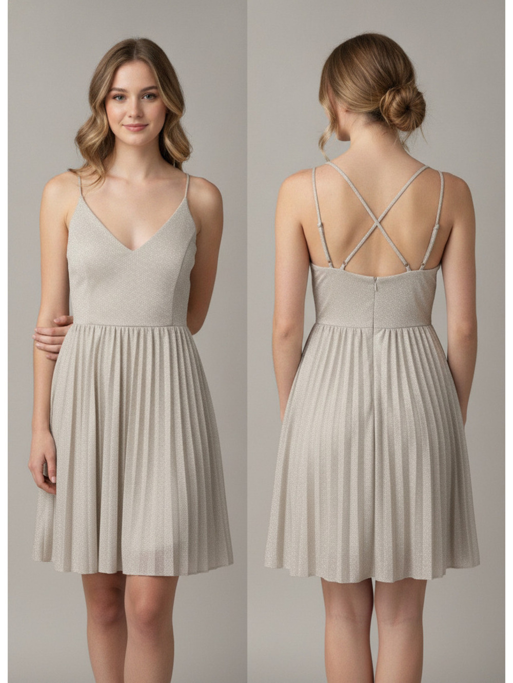 Elevenses Silver Metallic Pleated Mini Dress with Crisscross Straps